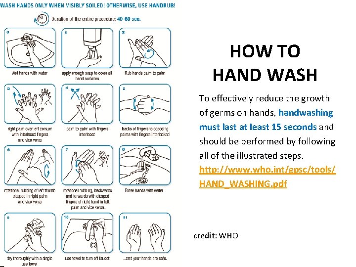 HOW TO HAND WASH To effectively reduce the growth of germs on hands, handwashing