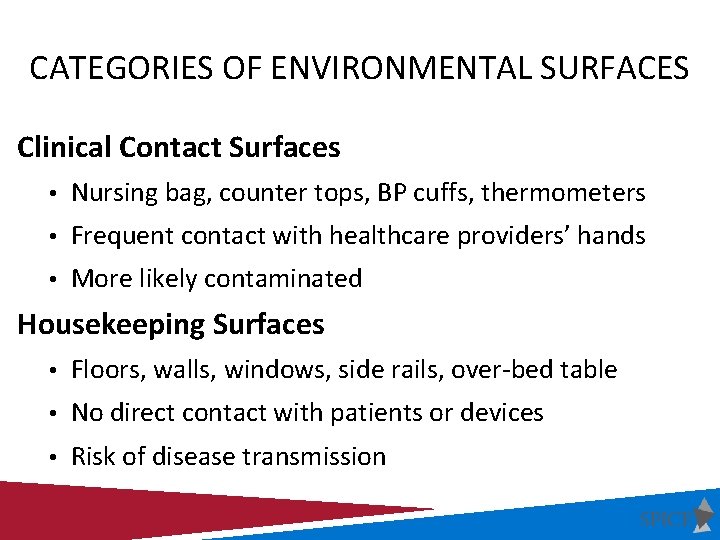 CATEGORIES OF ENVIRONMENTAL SURFACES Clinical Contact Surfaces • Nursing bag, counter tops, BP cuffs,