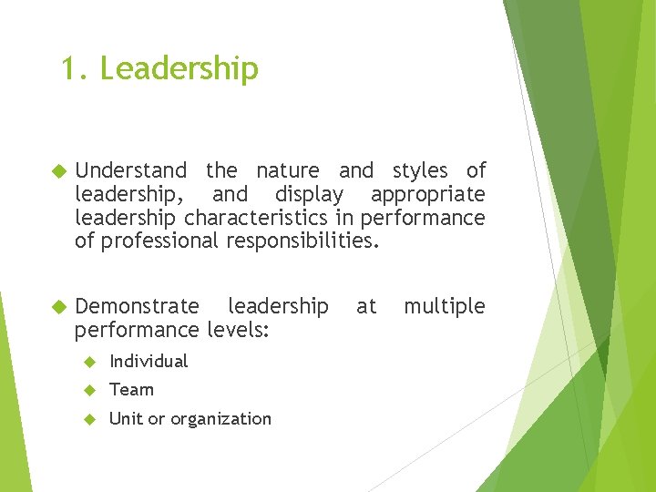 1. Leadership Understand the nature and styles of leadership, and display appropriate leadership characteristics