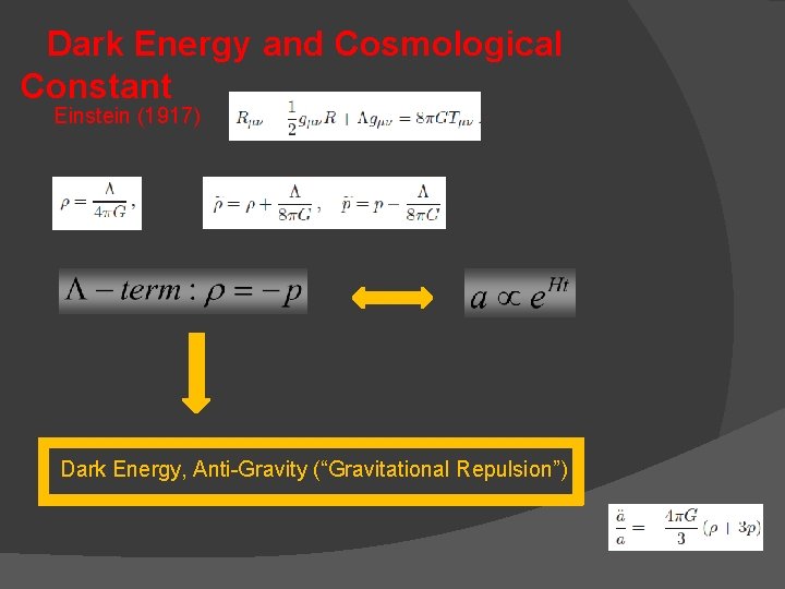  Dark Energy and Cosmological Constant Einstein (1917) Dark Energy, Anti-Gravity (“Gravitational Repulsion”) 