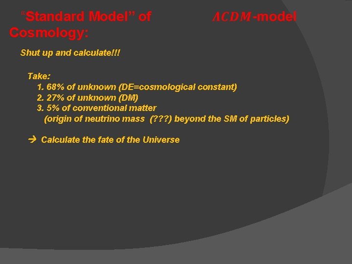  “Standard Model” of Cosmology: Shut up and calculate!!! Take: 1. 68% of unknown