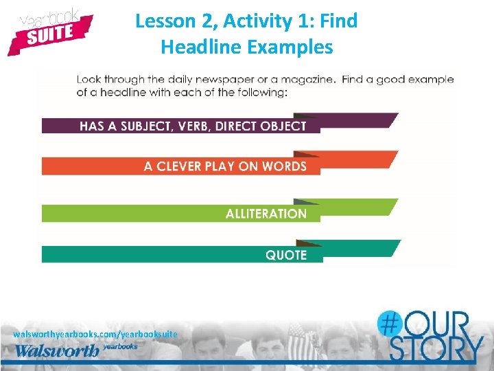Lesson 2, Activity 1: Find Headline Examples walsworthyearbooks. com/yearbooksuite 
