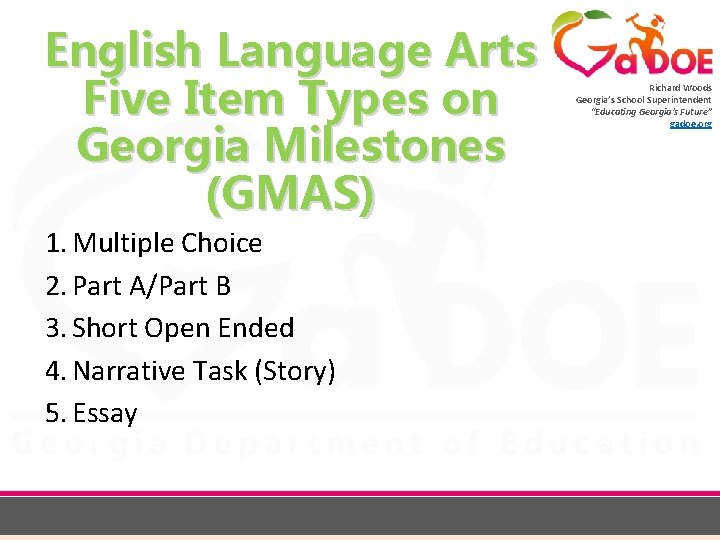 English Language Arts Five Item Types on Georgia Milestones (GMAS) 1. Multiple Choice 2.