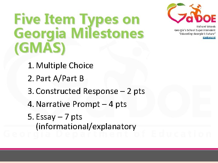 Five Item Types on Georgia Milestones (GMAS) 1. Multiple Choice 2. Part A/Part B