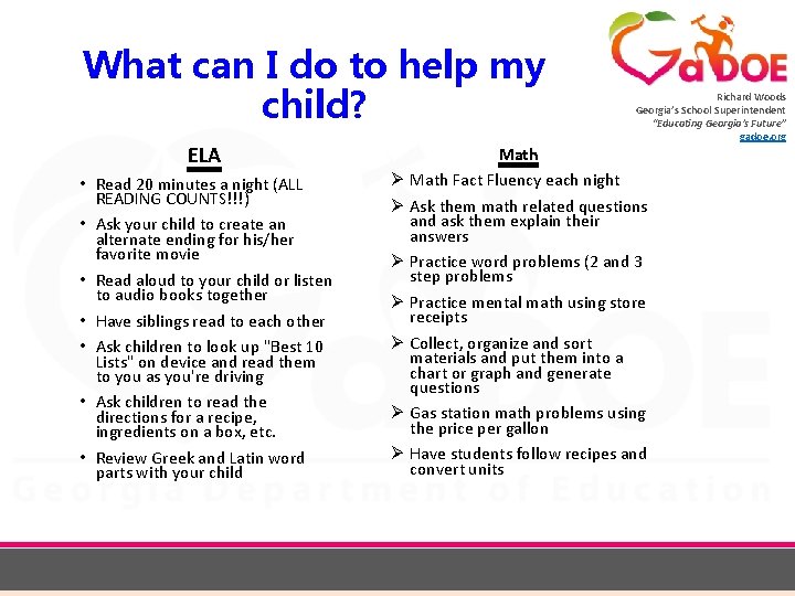 What can I do to help my child? ELA • Read 20 minutes a