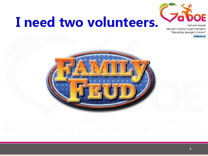 I need two volunteers. Richard Woods Georgia’s School Superintendent “Educating Georgia’s Future” gadoe. org