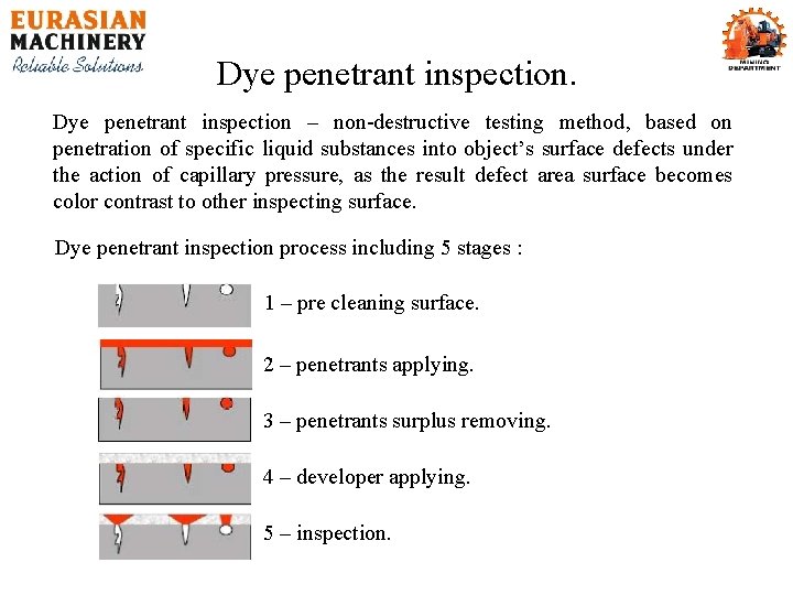 Dye penetrant inspection – non-destructive testing method, based on penetration of specific liquid substances