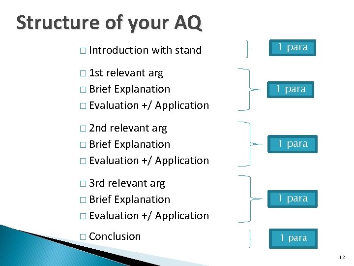 Structure of your AQ � Introduction with stand relevant arg � Brief Explanation �