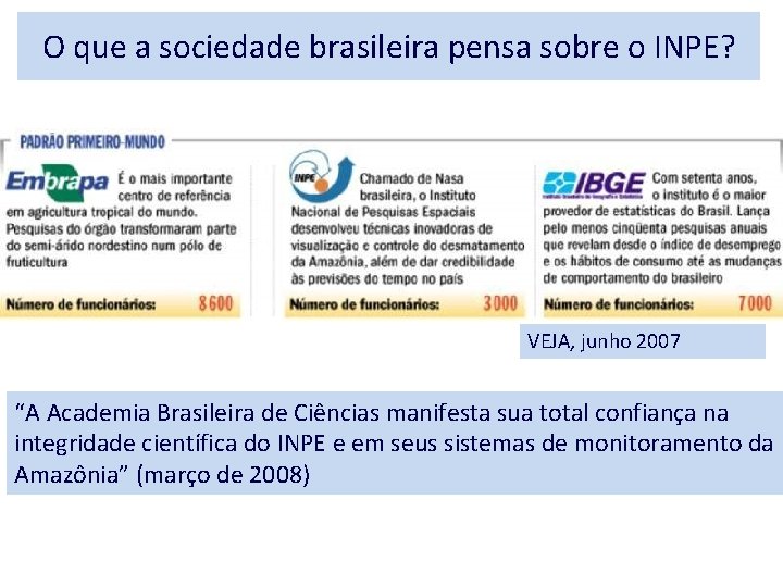 O que a sociedade brasileira pensa sobre o INPE? VEJA, junho 2007 “A Academia