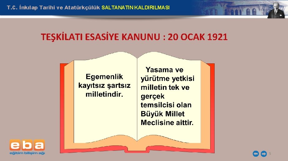 T. C. İnkılap Tarihi ve Atatürkçülük SALTANATIN KALDIRILMASI TEŞKİLATI ESASİYE KANUNU : 20 OCAK