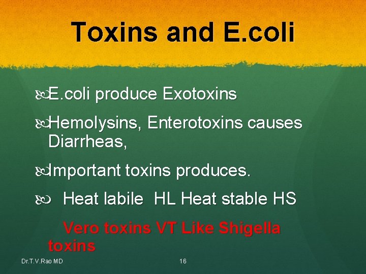 Toxins and E. coli produce Exotoxins Hemolysins, Enterotoxins causes Diarrheas, Important toxins produces. Heat Toxins and E. coli produce Exotoxins Hemolysins, Enterotoxins causes Diarrheas, Important toxins produces. Heat