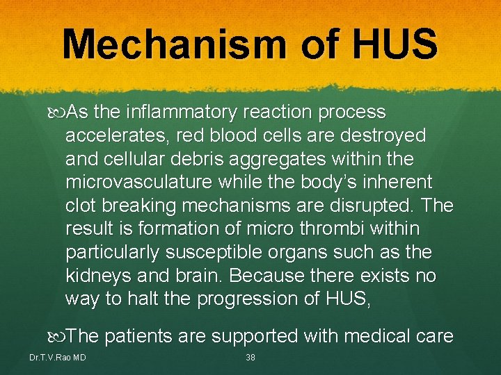 Mechanism of HUS As the inflammatory reaction process accelerates, red blood cells are destroyed Mechanism of HUS As the inflammatory reaction process accelerates, red blood cells are destroyed