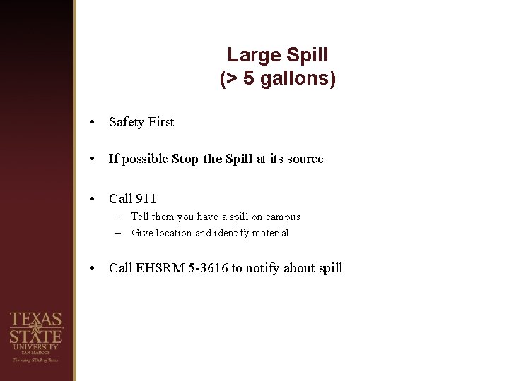 Large Spill (> 5 gallons) • Safety First • If possible Stop the Spill