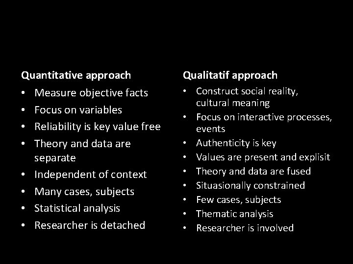 Quantitative approach • • Measure objective facts Focus on variables Reliability is key value