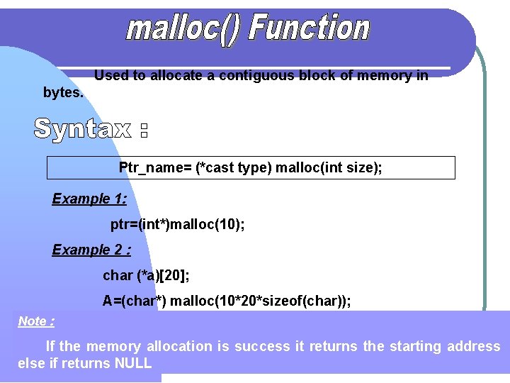 Used to allocate a contiguous block of memory in bytes. Ptr_name= (*cast type) malloc(int Used to allocate a contiguous block of memory in bytes. Ptr_name= (*cast type) malloc(int