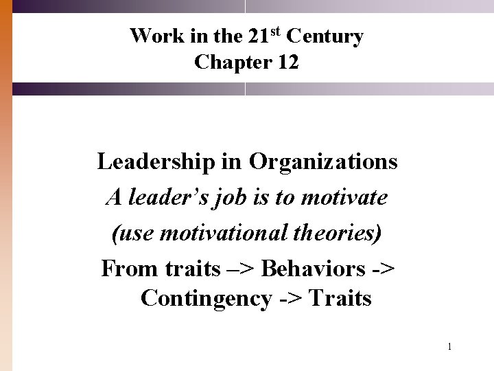 Work in the 21 st Century Chapter 12 Leadership in Organizations A leader’s job