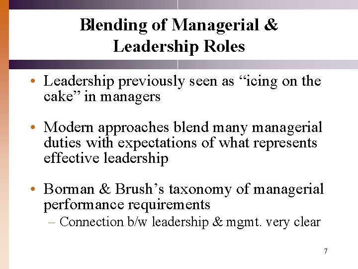 Blending of Managerial & Leadership Roles • Leadership previously seen as “icing on the