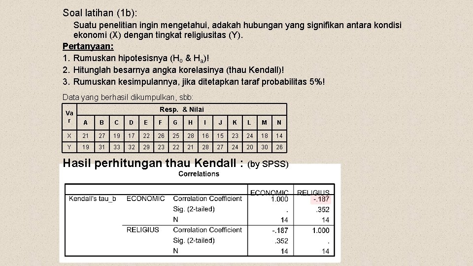 Soal latihan (1 b): Suatu penelitian ingin mengetahui, adakah hubungan yang signifikan antara kondisi