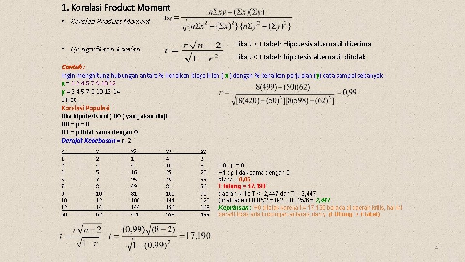 1. Korelasi Product Moment • Korelasi Product Moment Jika t > t tabel; Hipotesis