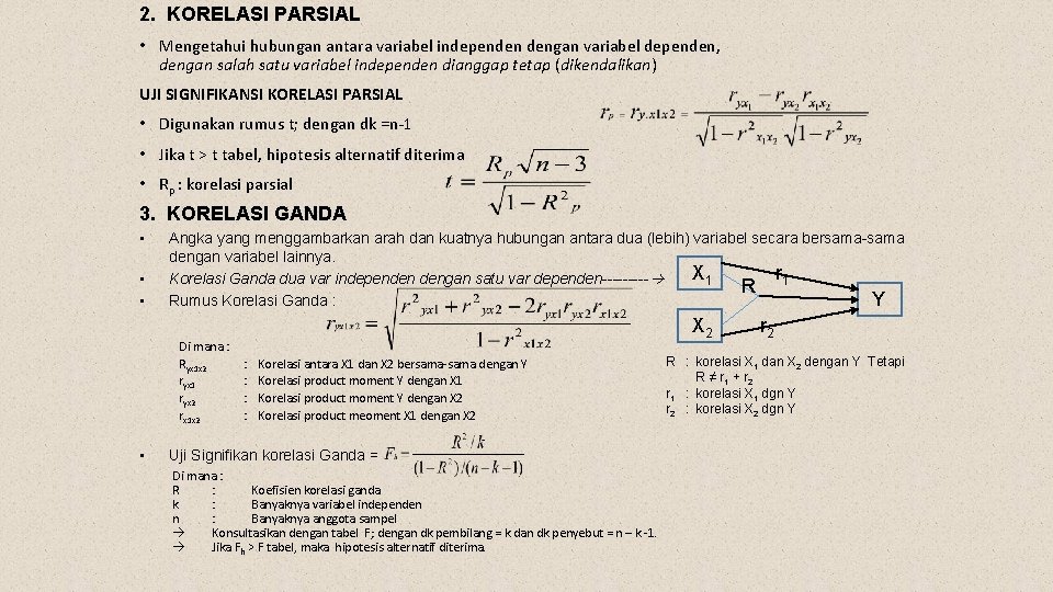 2. KORELASI PARSIAL • Mengetahui hubungan antara variabel independen dengan variabel dependen, dengan salah