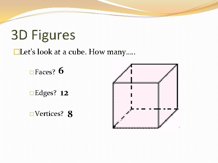 3 D Figures �Let’s look at a cube. How many…. . � Faces? �