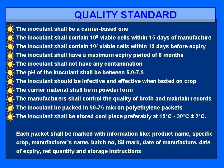 QUALITY STANDARD The inoculant shall be a carrier based one The inoculant shall contain