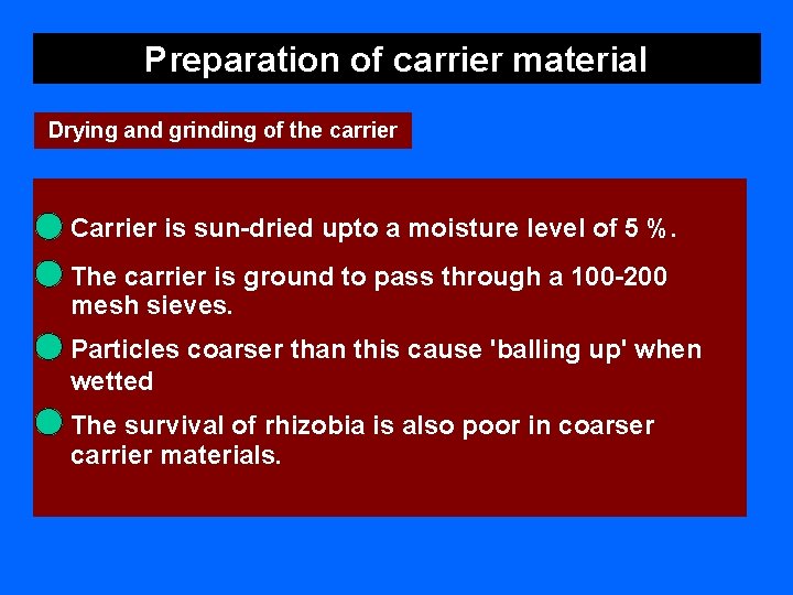 Preparation of carrier material Drying and grinding of the carrier Carrier is sun dried