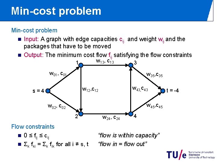 Min-cost problem n Input: A graph with edge capacities cij and weight wij and