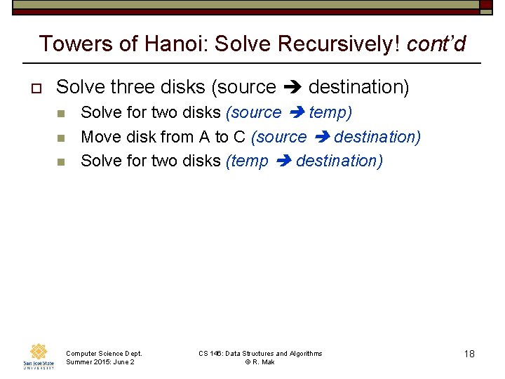 Towers of Hanoi: Solve Recursively! cont’d o Solve three disks (source destination) n n