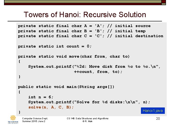 Towers of Hanoi: Recursive Solution private static final char A = 'A'; // initial