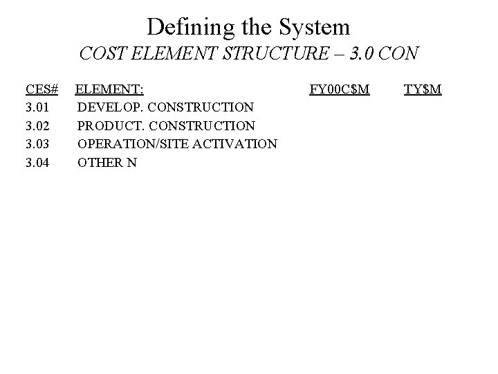 Defining the System COST ELEMENT STRUCTURE – 3. 0 CON CES# ELEMENT: FY 00 Defining the System COST ELEMENT STRUCTURE – 3. 0 CON CES# ELEMENT: FY 00