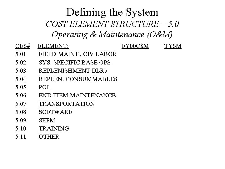 Defining the System COST ELEMENT STRUCTURE – 5. 0 Operating & Maintenance (O&M) CES# Defining the System COST ELEMENT STRUCTURE – 5. 0 Operating & Maintenance (O&M) CES#