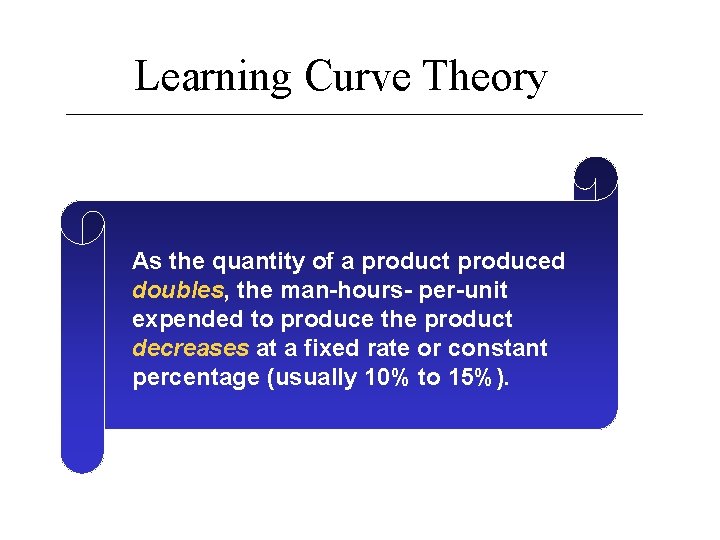 Learning Curve Theory As the quantity of a product produced doubles, the man-hours- per-unit Learning Curve Theory As the quantity of a product produced doubles, the man-hours- per-unit