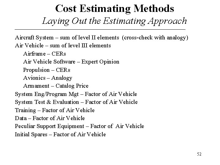 Cost Estimating Methods Laying Out the Estimating Approach Aircraft System – sum of level Cost Estimating Methods Laying Out the Estimating Approach Aircraft System – sum of level