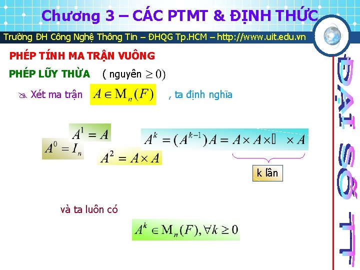 Chương 3 – CÁC PTMT & ĐỊNH THỨC Trường ĐH Công Nghệ Thông Tin