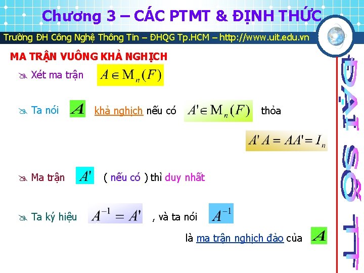 Chương 3 – CÁC PTMT & ĐỊNH THỨC Trường ĐH Công Nghệ Thông Tin