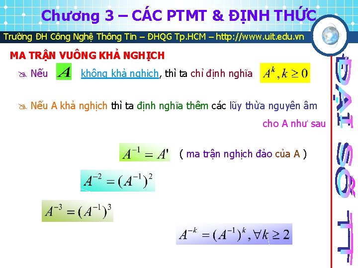 Chương 3 – CÁC PTMT & ĐỊNH THỨC Trường ĐH Công Nghệ Thông Tin