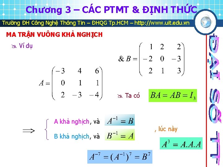 Chương 3 – CÁC PTMT & ĐỊNH THỨC Trường ĐH Công Nghệ Thông Tin