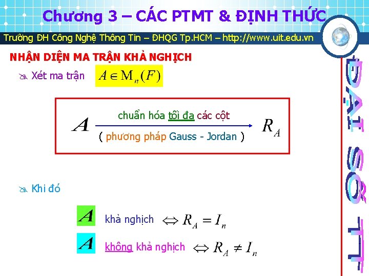 Chương 3 – CÁC PTMT & ĐỊNH THỨC Trường ĐH Công Nghệ Thông Tin