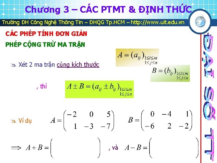 Chương 3 – CÁC PTMT & ĐỊNH THỨC Trường ĐH Công Nghệ Thông Tin