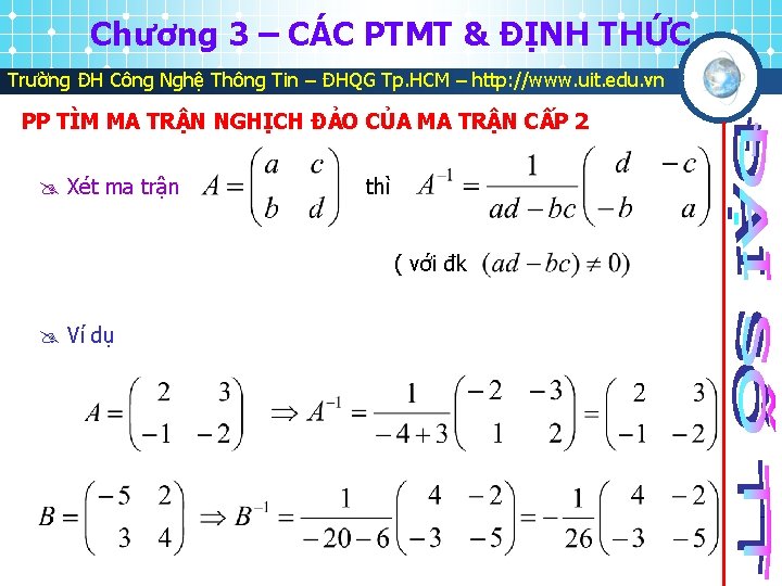 Chương 3 – CÁC PTMT & ĐỊNH THỨC Trường ĐH Công Nghệ Thông Tin