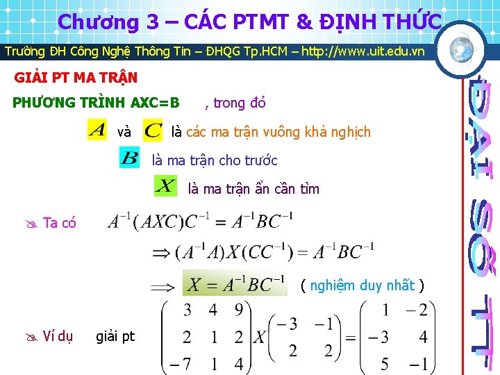 Chương 3 – CÁC PTMT & ĐỊNH THỨC Trường ĐH Công Nghệ Thông Tin