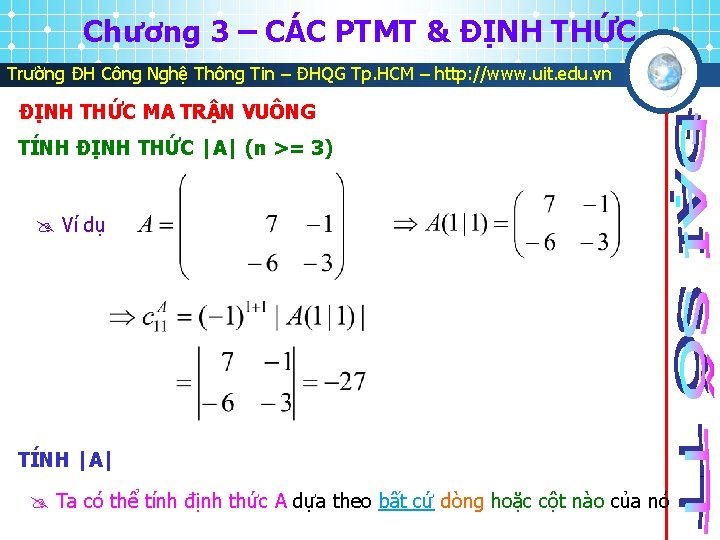 Chương 3 – CÁC PTMT & ĐỊNH THỨC Trường ĐH Công Nghệ Thông Tin