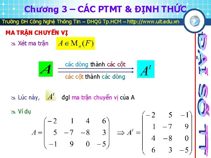 Chương 3 – CÁC PTMT & ĐỊNH THỨC Trường ĐH Công Nghệ Thông Tin