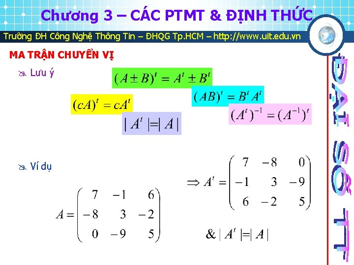 Chương 3 – CÁC PTMT & ĐỊNH THỨC Trường ĐH Công Nghệ Thông Tin