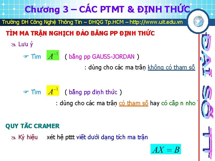 Chương 3 – CÁC PTMT & ĐỊNH THỨC Trường ĐH Công Nghệ Thông Tin