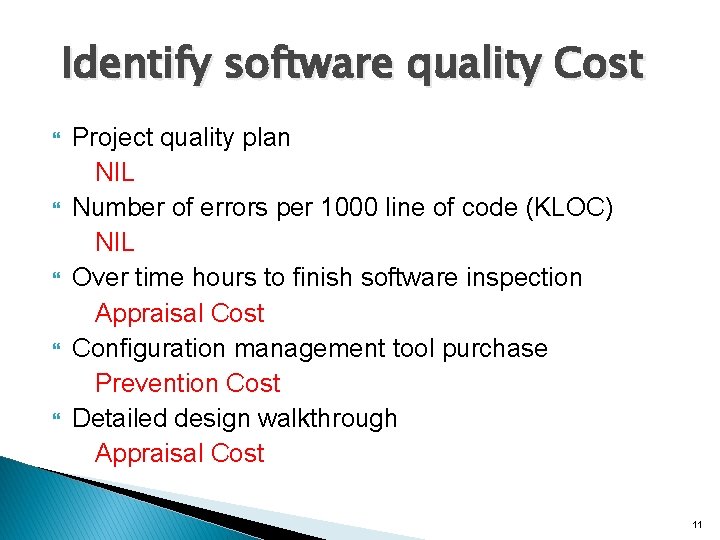 Identify software quality Cost Project quality plan NIL Number of errors per 1000 line