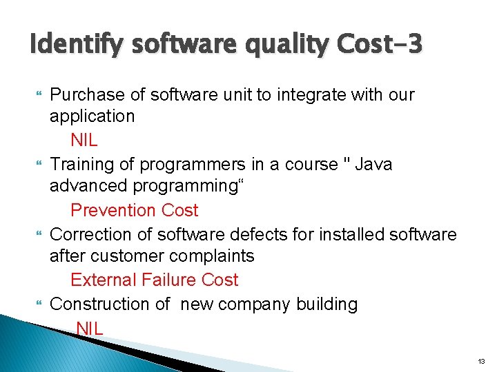 Identify software quality Cost-3 Purchase of software unit to integrate with our application NIL