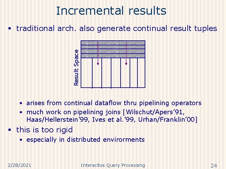 Incremental results Result Space § traditional arch. also generate continual result tuples • arises