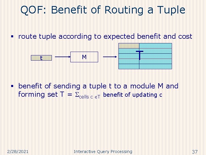 QOF: Benefit of Routing a Tuple § route tuple according to expected benefit and